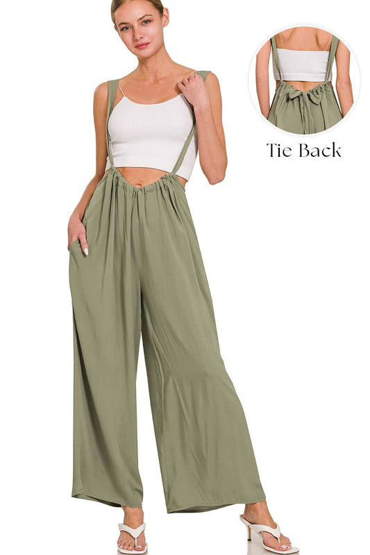 `.Tie Back Suspender Jumpsuit w/ Pockets