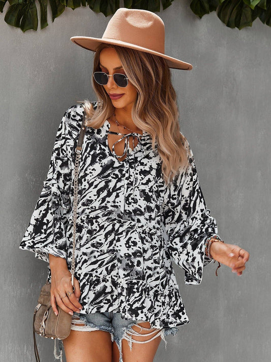 Allover Print Knot Neck Bell Sleeve Blouse