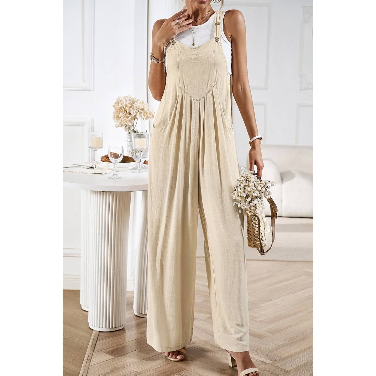 Button Detail Wide Leg Overall Pockets Jumpsuit