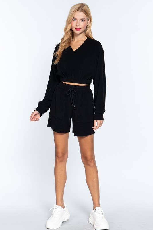 Long Sleeve V-neck Elasticized Hem Terry Towelling