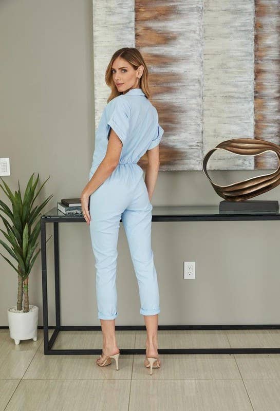 UTILITY STYLE S/S BUTTON DOWN STRETCH JUMPSUIT (61233)