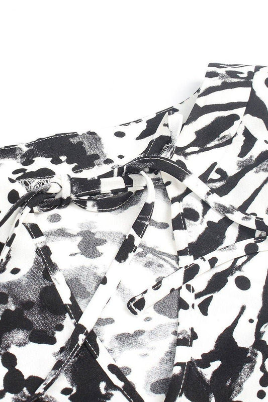 Allover Print Knot Neck Bell Sleeve Blouse
