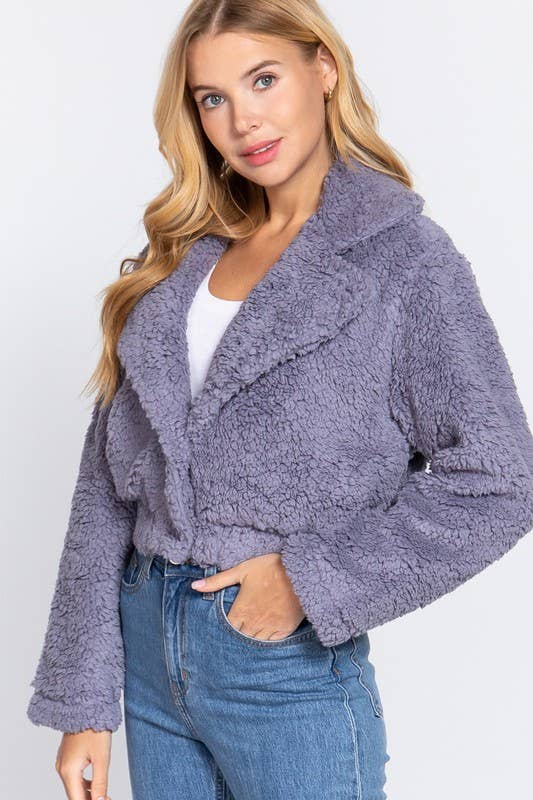 Notched Collar Button Down Faux Fur Jacket