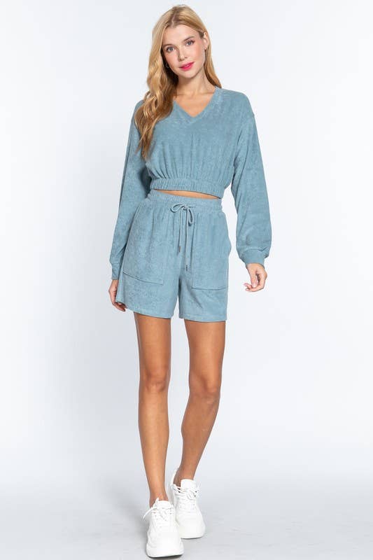 Long Sleeve V-neck Elasticized Hem Terry Towelling