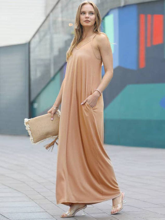 `.V Neck Cami Maxi Dress With Side Pockets