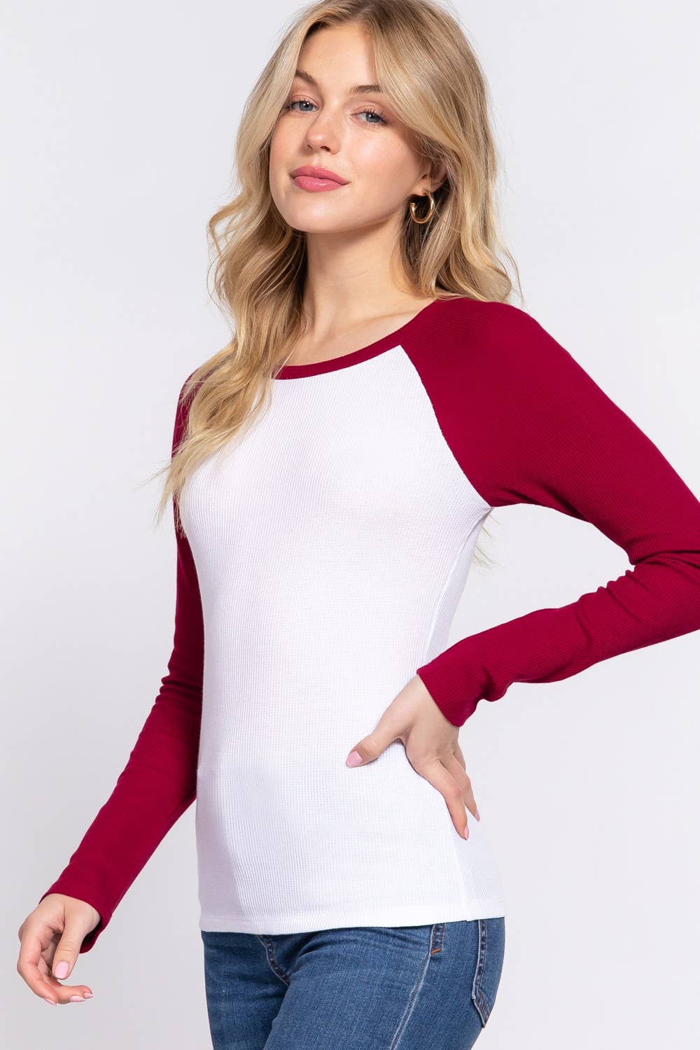 Long Raglan Sleeve Color Block Thermal Knit Top