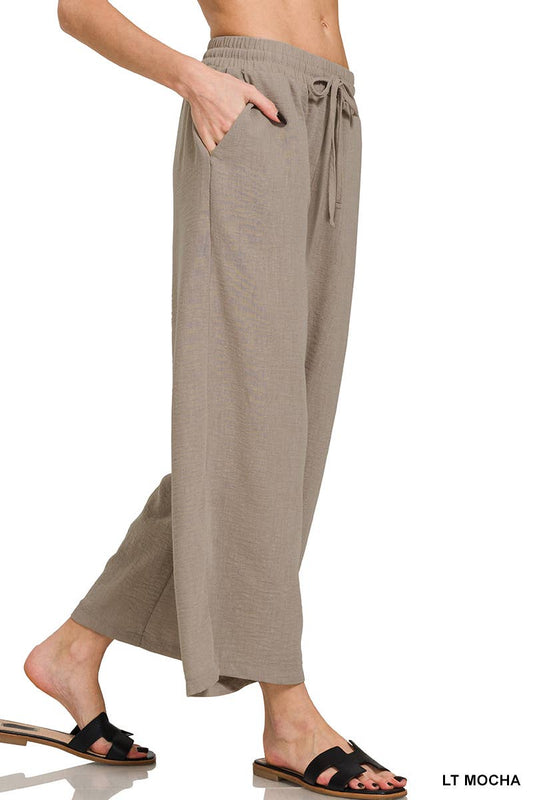 ", Drawstring Elasticband Waist Wide Pants W/ Pockets