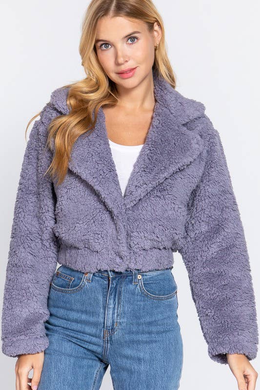 Notched Collar Button Down Faux Fur Jacket