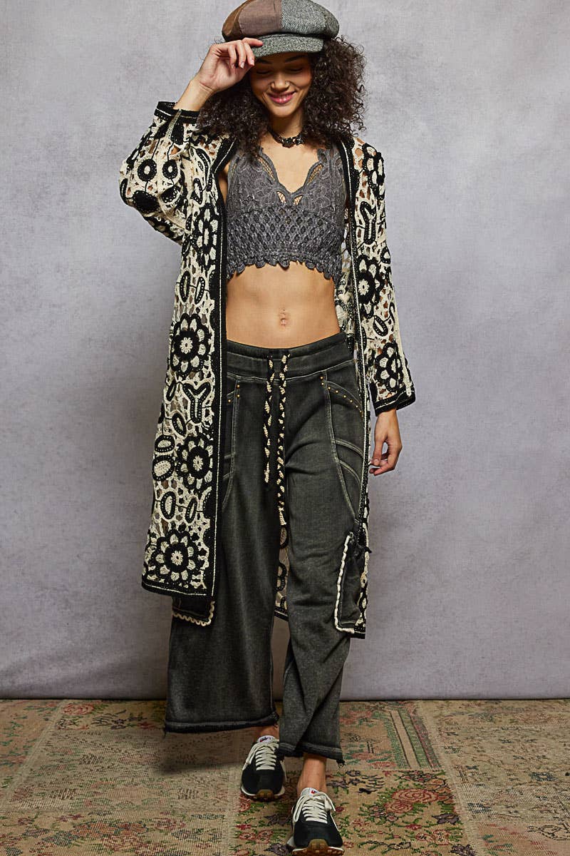 V-neck long sleeve crochet knit weave cardigan