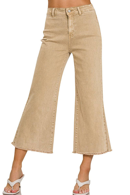 ",,,..._ Acid Washed Frayed Cutoff Hem Straight Wide Pants