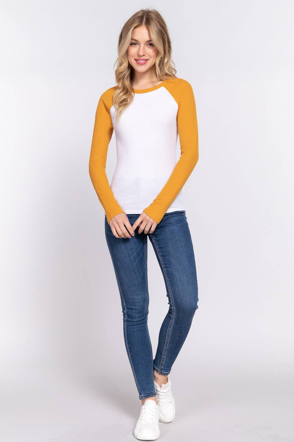 Long Raglan Sleeve Color Block Thermal Knit Top