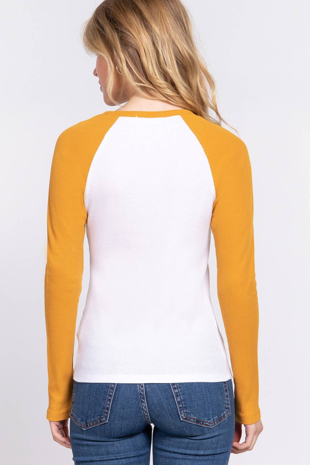 Long Raglan Sleeve Color Block Thermal Knit Top