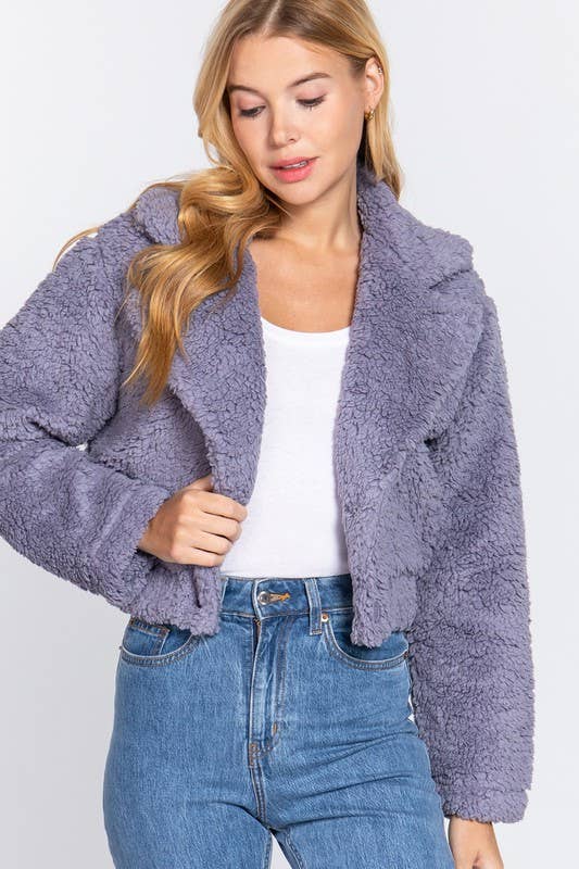 Notched Collar Button Down Faux Fur Jacket