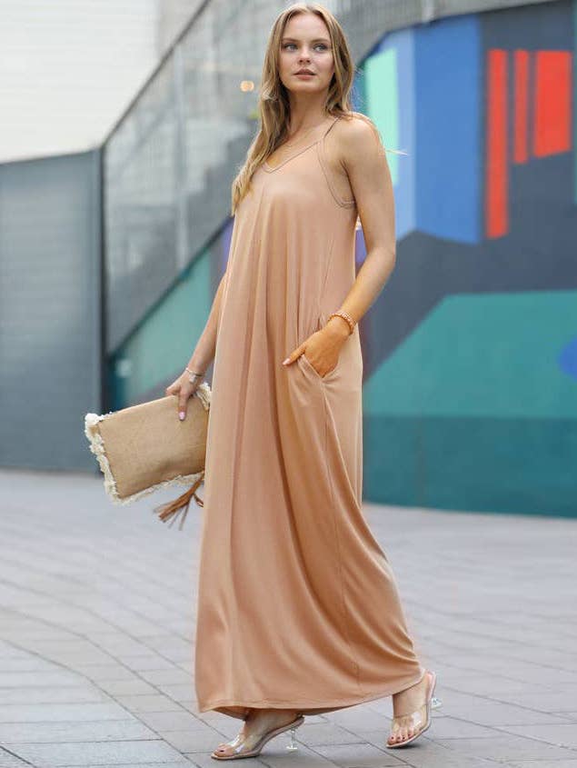 `.V Neck Cami Maxi Dress With Side Pockets