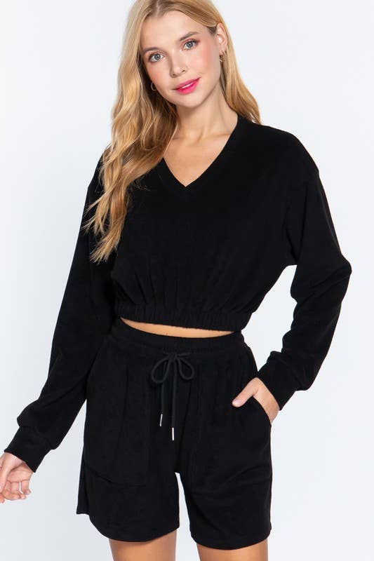 Long Sleeve V-neck Elasticized Hem Terry Towelling